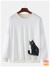 Cotton Mens Cartoon Cat Print Round Neck Pullover for Men
