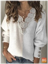 Women's Patchwork Lace Lantern Sleeves Plus Size Button Casual Sweater