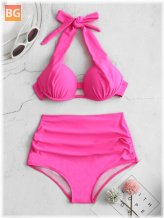 Solid Color Halter Backless Swimsuits with High Waisted Straps