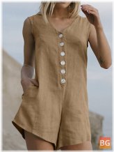 Button-Down Romper with Sleeveless V-Neck