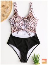 Women's T-Shirt Front Cut Out Swimwear Leopard Patchwork One Piece