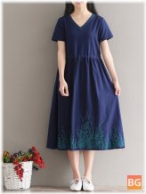 V-Neck Swing Dress with Embroidery