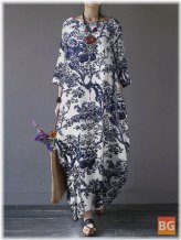 Dress with Tree Print Side Pockets - 3/4 Sleeve