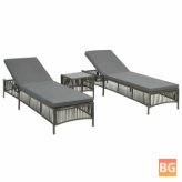 Sunloungers 2 pcs with Table Top Rattan Gray