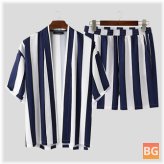 Short Sleeve Striped Pockets Casual Cardigan