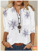 Women Vintage Floral Printed Stand Collar Button Blouse