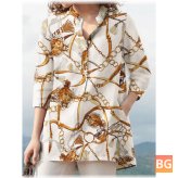 3/4-Sleeve Blouse with Chain Print Pocket Button