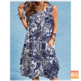 Button- Up Cotton Sleeveless Dress with a Plant Print