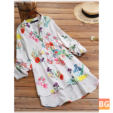 Pocket Button Stand Collar Long Sleeve Blouse - Flower Plants