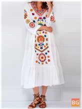Ethnic Women V-neck Short Sleeve Floral Print Holiday Bohemian Pleated Maxi Dress