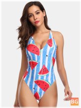One Piece Swimwear for Women - Striped Watermelon Print