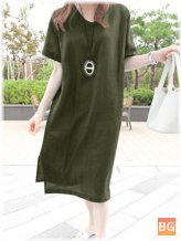 Short Sleeve Cotton Dress with a Solid Split Round Neck