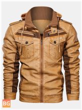 Vintage Men's Zipper PU Leather Drawstring Hooded Jacket
