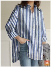 Women's Striped Print Split-Sleeve Casual Shirt