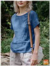 Short Sleeve Blouse with Cotton Solid Round Neck