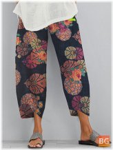 Pocket Hem Pants for Women with Flower Print