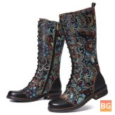 Zipper Boots with Flowers Pattern