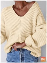 Women's Puff Sleeve V-Neck Solid Loose-Thick Fashion Sweaters