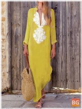 Summer Floral Print V-neck Long Sleeve Split Maxi Dress