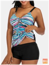 Women's Colorful Stripe Print Tie Front Tankini Swimsuit