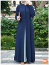 Women's Contrast Color Stitching Bohemian Button Long Sleeve Muslim Dress Abaya Kaftan