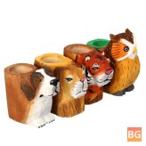 Wooden Pen Holder with Lion, Tiger, Owl, Dog Pattern - Not Included