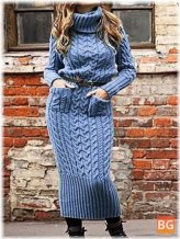 Long Sleeve Knit Sweater Dress with High Collar