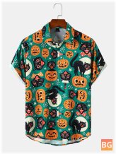 Short Sleeve Men's T-Shirts with Pumpkin & Cat Pattern