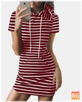 Drawstring Pocket Striped Shirt Dress