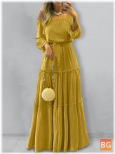 Off-Shoulder Maxi Dress with Puff Sleeves and Pleated Patchwork
