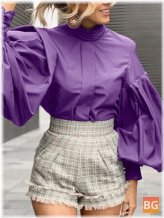 Daily Solid Colors Blouse with a Collar Lantern Sleeve