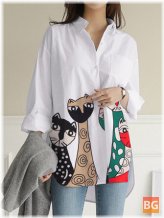 Long Sleeve Casual Shirt with Cat Pattern