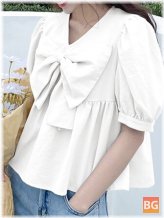 Bowknot Puff Sleeve V-Neck Blouse
