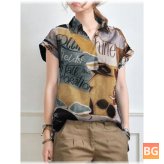 Short Sleeve Abstract Letter Plaid Blouse