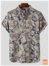 Floral Linen Cotton Short Sleeve Shirts for Men