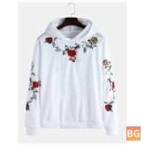 Long Sleeve Hooded Drawstring Sweatshirt with Rose Embroidery