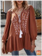 Women's Cotton Embroidery Lace-Up V-Neck Puff Sleeve Blouses