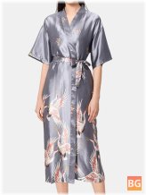 Half Sleeve Robes for Women - Ethnic Style Crane Print