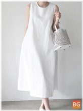 Women Solid Color Sleeveless O-Neck Casual Dress With Pockets