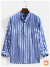 Short Sleeve Henley Shirt with Vertical Stripes