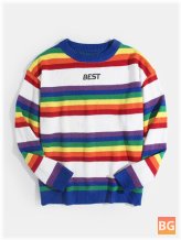 Colorful Horizontal Striped Letter Embroidery Knit Casual Pullover Sweaters