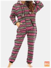 One Set of Fleece Striped Home Drawstring Hooded Pajamas for Women