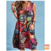 Abstract Painted Button Pocket Sleeveless Dress