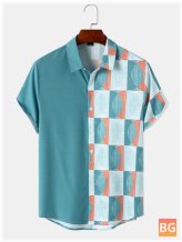 Geometric Short Sleeve Men's Shirt with Front Button Splicing