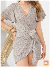 Daily Casual Floral Wrapped Dress Short-Print Mini Dress