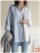 Women Stripes Patchwork High Low Split Hem Casual Shirts