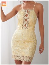 Hollow Out Halter Neck Party Bodycon Dress - Gold