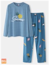 Women Cartoon Fruit Print O-Neck Loose Pants Cotton Home Pajamas Sets