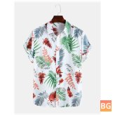 Short Sleeve Lapel Shirt with Men's Leaf Print