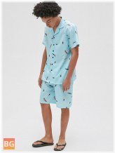 Short Sleeve Pajama Set - Men's Revere Collar Feather Print